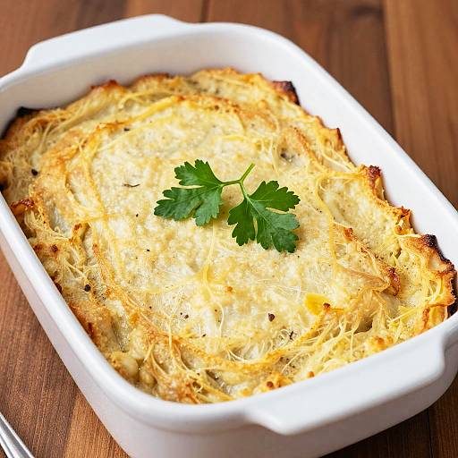 Photograph of a golden-brown, cheesy casserole with a fresh parsley garnish in a white, rectangular ceramic dish on a wooden table.