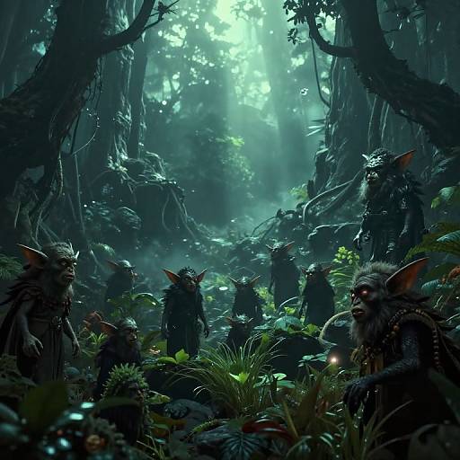 Digital fantasy forest scene: eerie, blue-lit forest with tall trees, dense foliage, and shadowy, pointed-eared, dark-skinned creatures