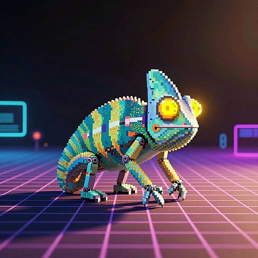 Pixel art chameleon with glowing yellow eye, colorful striped body, crouching on neon grid floor, vibrant blue, yellow, and orange hues.