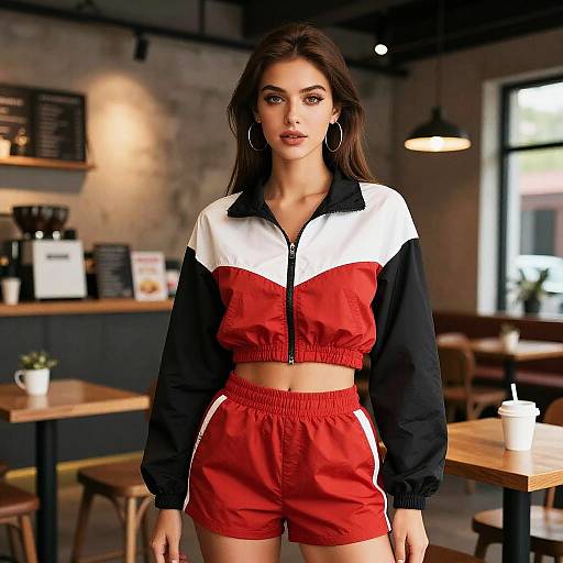 Sporty Chic Woman in Trendy Coffee Bar