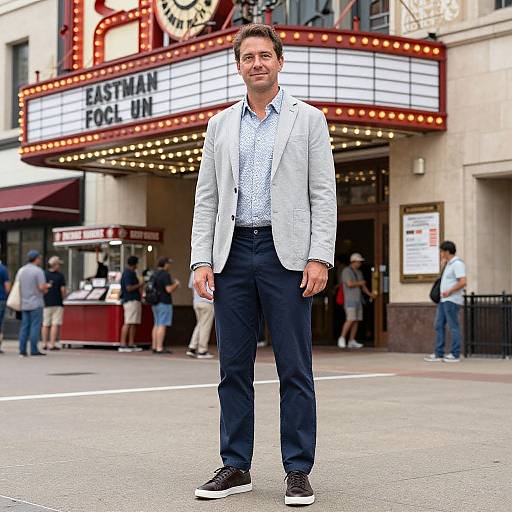 Photograph of a man with short brown hair, wearing a light gray blazer, blue patterned shirt, dark pants, and black sneakers, standing