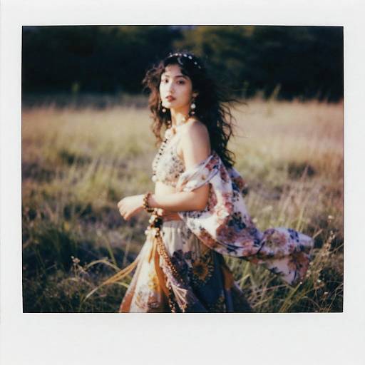 Bohemian Woman in Floral Dress in Meadow