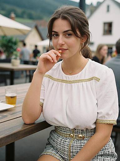Photograph of a young woman with light skin, brown hair in a ponytail, wearing a white blouse with gold trim and checkered shorts, sitting