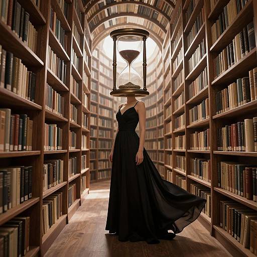 Photograph of a woman in a flowing black dress, head covered by an hourglass lantern, standing in a lit, wooden library aisle.