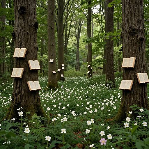 Photograph of a serene forest with tall trees, white wildflowers covering the ground, and numerous glowing, handwritten notes attached to tree trunks.
