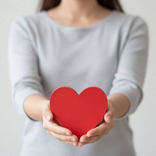 Photograph of a woman in a light gray long-sleeve shirt, hands outstretched, holding a bright red heart-shaped object toward the camera