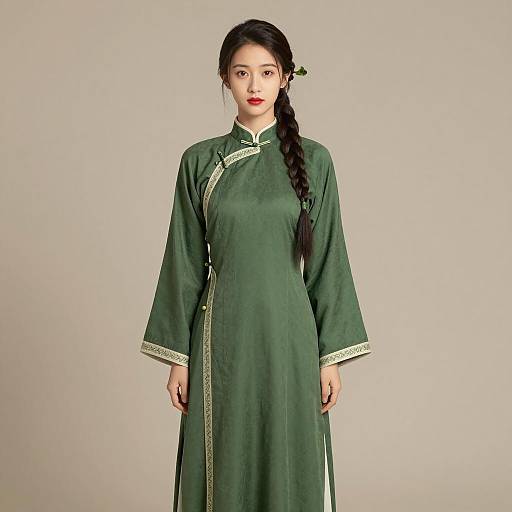 Elegant Green Dress Portrait of Young Woman