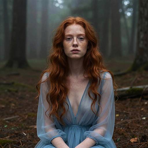 Photograph of a fair-skinned, freckled redhead woman with long, wavy hair, wearing a sheer, blue, deep V-neck dress