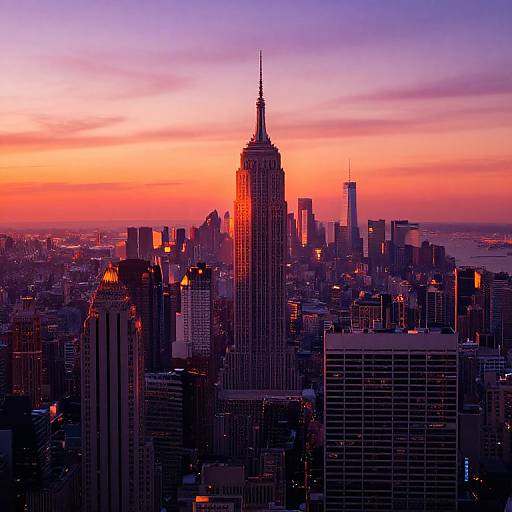 Photograph of New York City skyline at sunset, with vibrant orange and purple sky, illuminated skyscrapers, and the Empire State Building prominently centered.