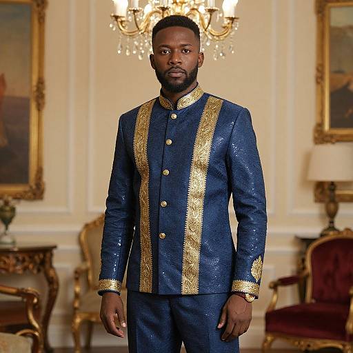 Photograph of a Black man with a trimmed beard, wearing a blue and gold embroidered traditional jacket, standing in an elegant, ornately decorated room with