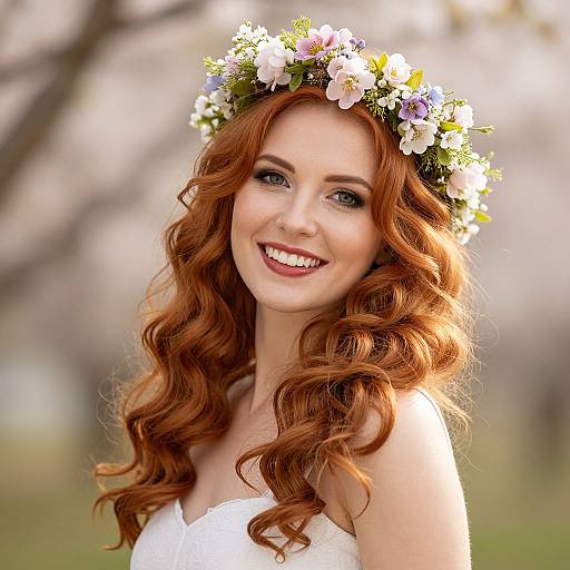 Photograph of a smiling woman with long, wavy red hair, wearing a white dress and a floral crown, set against a blurred, sunny spring