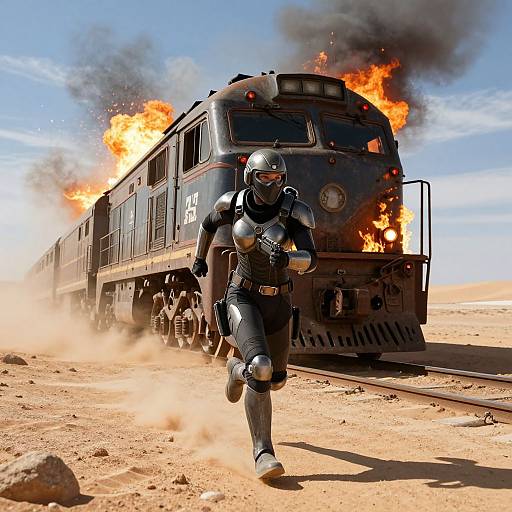 Photograph of a black-suited, helmeted soldier running towards a burning, black locomotive emitting orange flames and black smoke in a desert landscape under