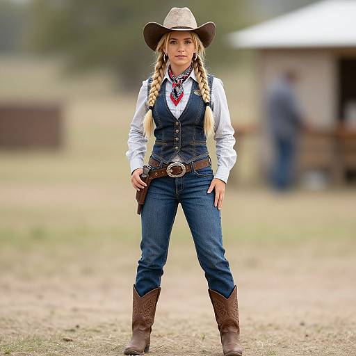 Photograph of a blonde woman with braided hair, wearing a cowboy hat, white shirt, blue vest, jeans, and brown boots, standing confidently
