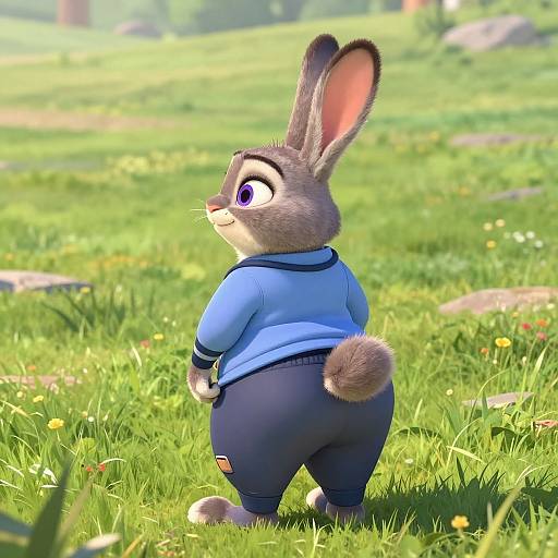 CGI image of Judy Hopps, a gray anthropomorphic rabbit from Zootopia, standing on vibrant green grass, looking back, wearing a blue