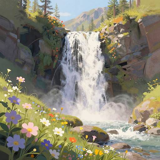 Serene Mountain Waterfall in Pastels