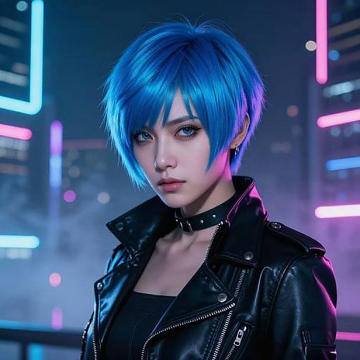 Cyberpunk digital artwork: androgynous person with striking blue short hair, black leather jacket, choker, and neon-lit cityscape