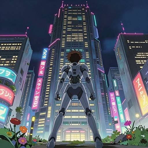 Cyborg warrior stands in a neon-lit, futuristic cityscape at night, with towering skyscrapers and vibrant, colorful signs in the background.