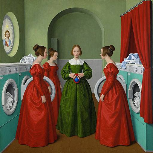 Victorian-style illustration of three women in red dresses and one in green, standing in a laundry room with washing machines and red curtains, holding a blue