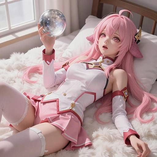 Pink-Haired Anime Girl on Fluffy Bed