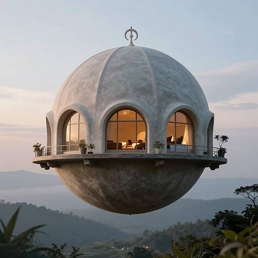 Photograph of a spherical, concrete floating house with arched windows, illuminated from inside, set against a misty mountain landscape at dusk.