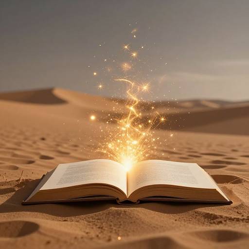 Photograph of an open book in a desert, with golden sparks shooting up from its pages, set against rolling sand dunes under a clear, blue