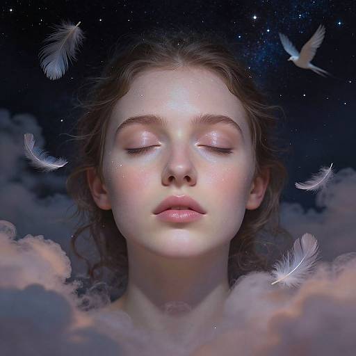Digital artwork of a serene, fair-skinned woman with closed eyes, surrounded by floating white feathers against a starry night sky and fluffy clouds.