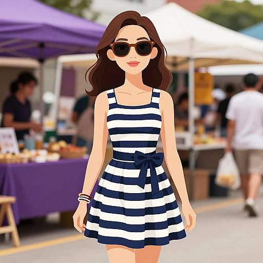 Woman in Nautical Striped Dress at Outdoor Market