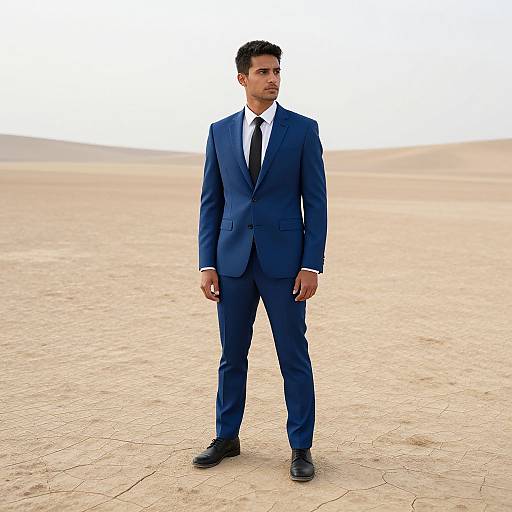 Photograph of a confident man in a blue suit, white shirt, and black tie standing in a vast, sandy desert.