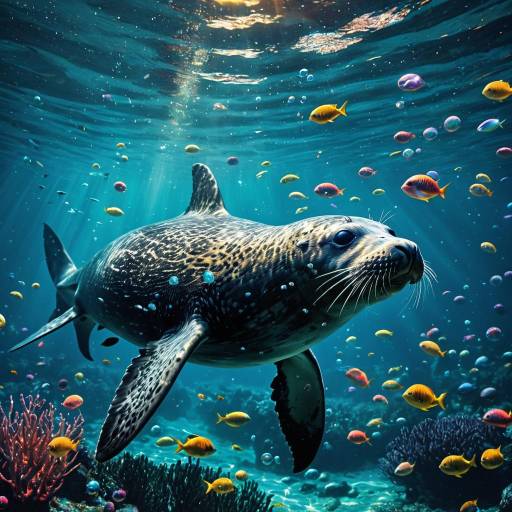Colossal Seal Swimming Underwater with Colorful Fish