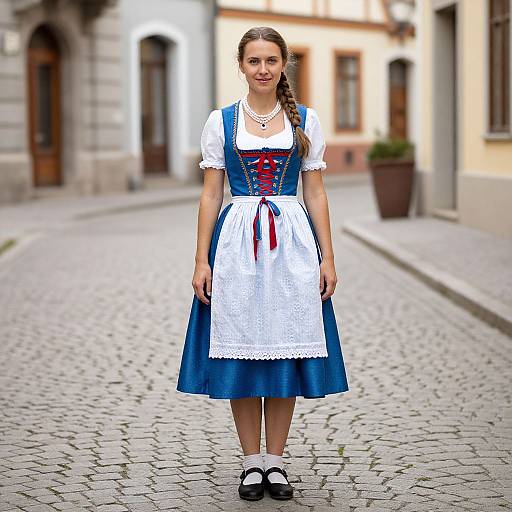 Photograph of a young woman with light skin and braided brown hair, wearing a traditional blue German dirndl with white apron, red corset