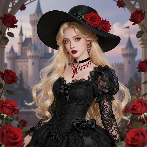 Elegant Gothic Woman with Red Roses