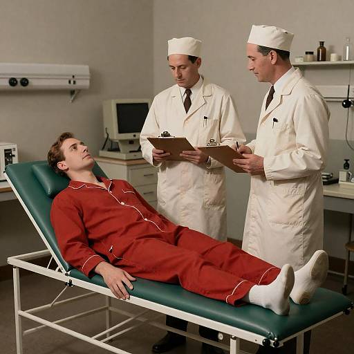 Vintage Medical Examination with Patient in Red Pajamas