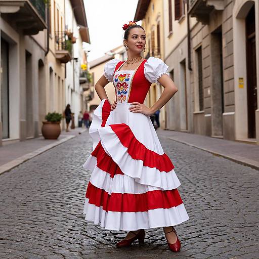 Photograph of a confident woman in a traditional Spanish flamenco dress, red and white ruffles, standing on a cobblestone street.