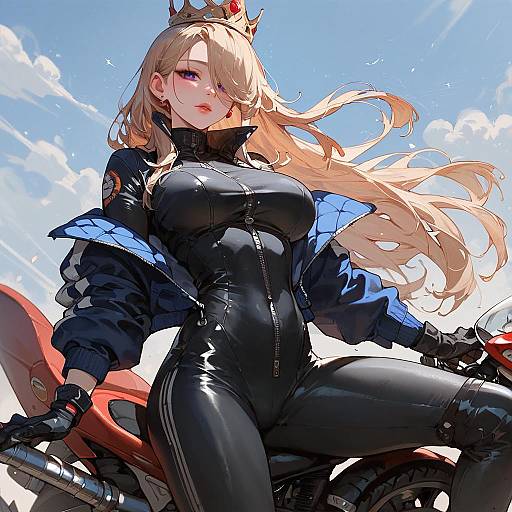 Crowned Anime Biker on Motorcycle