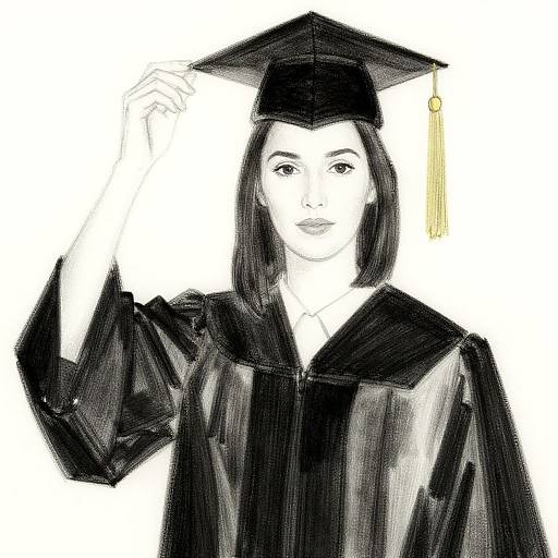Black-and-white digital sketch of a woman with shoulder-length hair, wearing a graduation cap and gown, tipping the cap with her right hand.