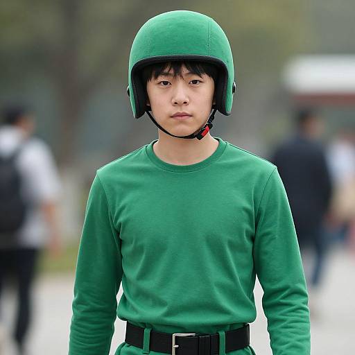 Photograph of an East Asian male wearing a green helmet and matching green long-sleeve shirt, standing outdoors with blurred background.