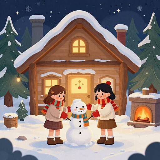 Digital illustration of two girls in red scarves and brown skirts building a snowman in front of a wooden cabin at night, with snow-covered trees and