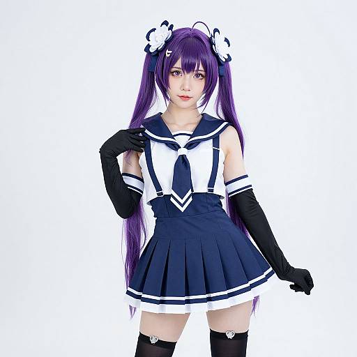Digital anime-style drawing of a young woman with long purple hair, wearing a navy sailor outfit, black gloves, and thigh-high stockings. White background.