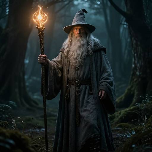 Photograph of a wise, bearded wizard with a glowing torch, wearing a grey robe and pointed hat, standing in a dark, misty forest