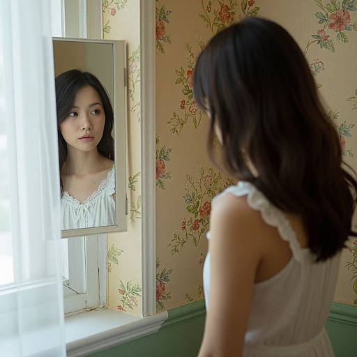 Young Asian woman with long black hair gazes at herself in a mirror, wearing a white, lacy tank top in a floral-walled room.