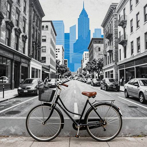 Photograph of a black bicycle with a wicker basket, parked on a city street, flanked by tall buildings, with a blue skyscraper in