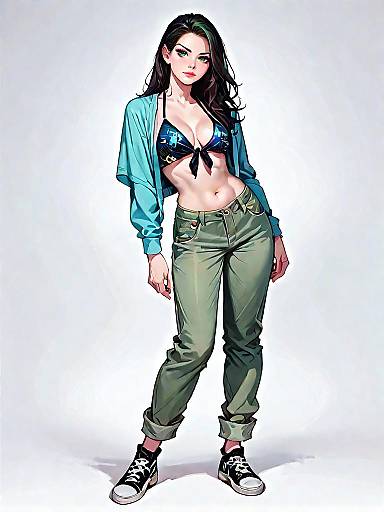 Casual Summer Woman in Printed Bikini and Cargo Pants