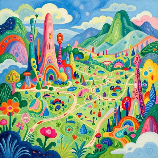 Vibrant, surreal digital landscape with colorful, abstract mountains, rainbows, and whimsical structures, surrounded by vivid flowers and swirling clouds.