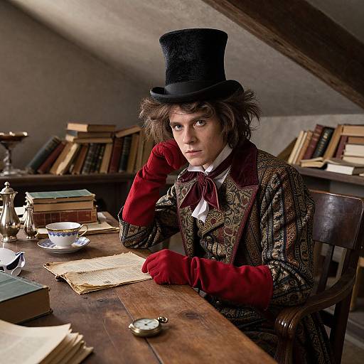 Photograph of a young man with wavy brown hair, wearing a black top hat, red gloves, and ornate brown patterned coat, seated