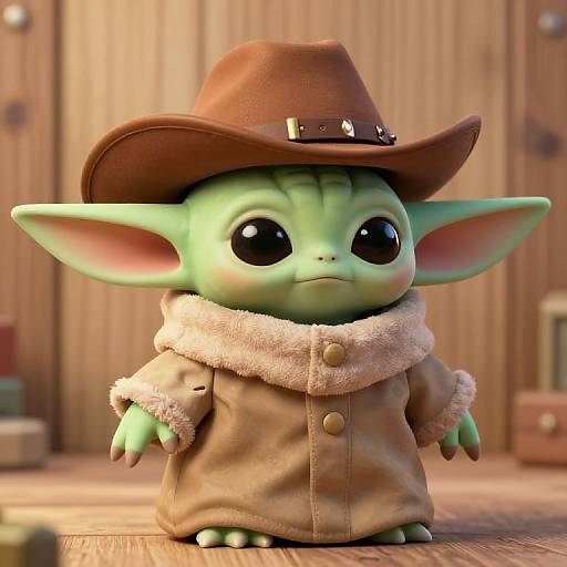 CGI image of a cute, green goblin with large eyes and ears, wearing a brown hat and coat with a fluffy scarf. Wood-paneled