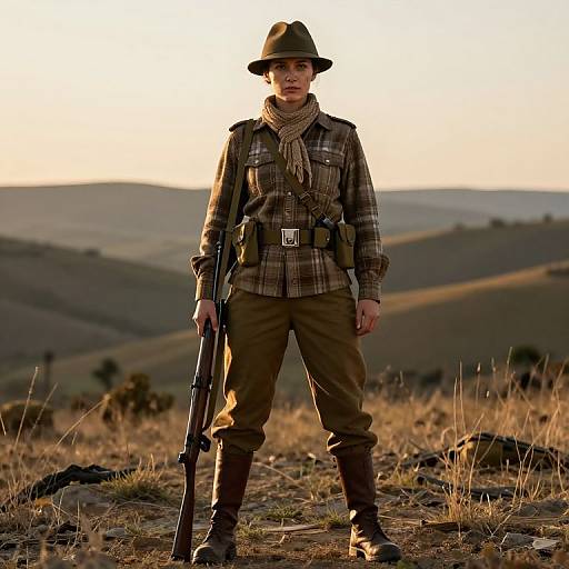 Determined Female Soldier in Rugged Landscape
