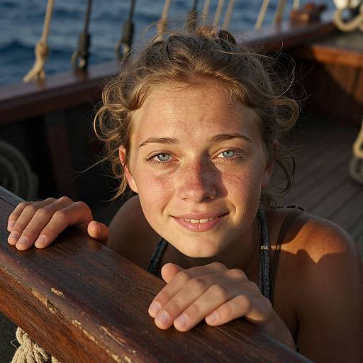 Photograph of a smiling young woman with freckles, blue eyes, and wavy brown hair, gripping a wooden ship rail, sunlight illuminating