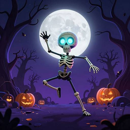 Digital illustration of a glowing blue-eyed skeleton dancing under a full moon, surrounded by carved pumpkins and eerie, leafless trees in a dark, purple