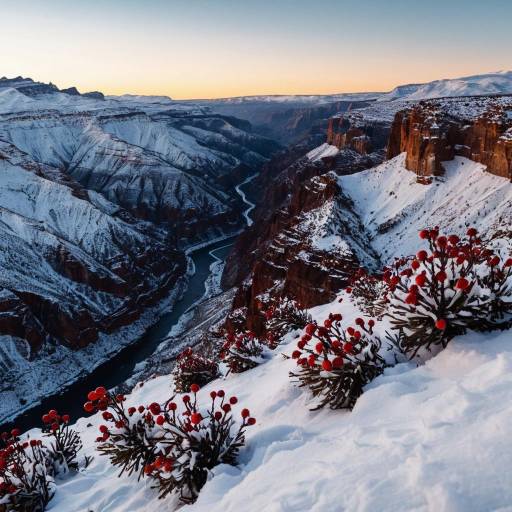 Snow-Covered Canyon with Red Berry Shrubs at Sunset