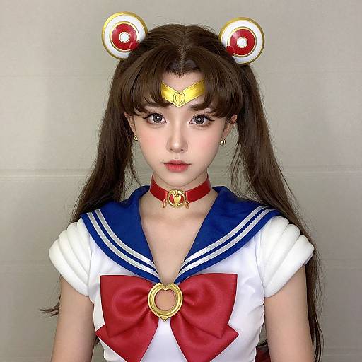 Photograph of an Asian woman in a detailed Sailor Moon cosplay, featuring long brown hair, red choker, white sailor uniform with blue trim, red